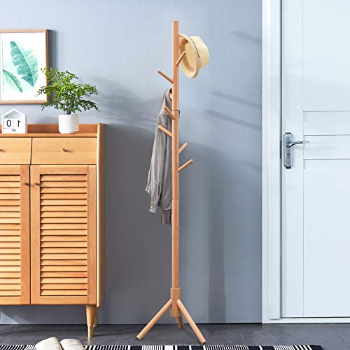 IBUYKE Madera Perchero de pie con 8 Ganchos en y trípode Sólidos para Colgar Abrigos Gorros Chaquetas Gabardinas, Natural RF-1193