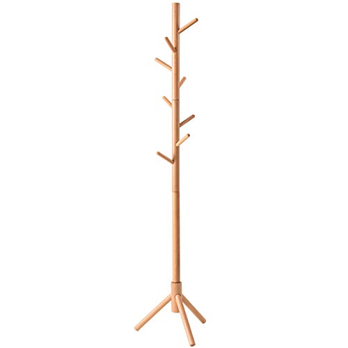 IBUYKE Madera Perchero de pie con 8 Ganchos en y trípode Sólidos para Colgar Abrigos Gorros Chaquetas Gabardinas, Natural RF-1193