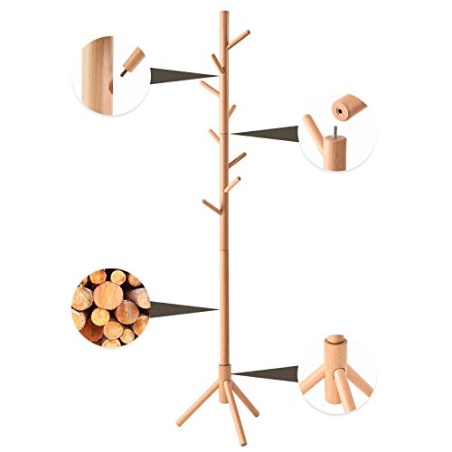 IBUYKE Madera Perchero de pie con 8 Ganchos en y trípode Sólidos para Colgar Abrigos Gorros Chaquetas Gabardinas, Natural RF-1193