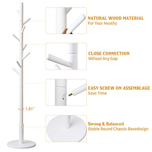 IBUYKE Perchero de Madera con 8 Ganchos Plegables, Pasillo de árbol de Entrada Chasis Redondo sólido para Colgar Ropa, Trajes, Bufandas, Bolsos, Blanco RF-1103