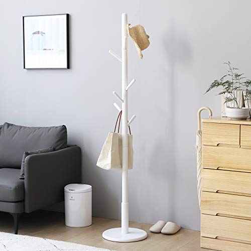 IBUYKE Perchero de Madera con 8 Ganchos Plegables, Pasillo de árbol de Entrada Chasis Redondo sólido para Colgar Ropa, Trajes, Bufandas, Bolsos, Blanco RF-1103
