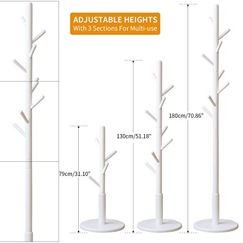 IBUYKE Perchero de Madera con 8 Ganchos Plegables, Pasillo de árbol de Entrada Chasis Redondo sólido para Colgar Ropa, Trajes, Bufandas, Bolsos, Blanco RF-1103