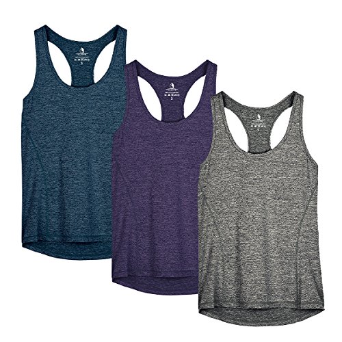 icyzone Camiseta de Fitness Deportiva de Tirantes para Mujer, Pack de 3 (M, Azul Real/Morado/Carboncillo)