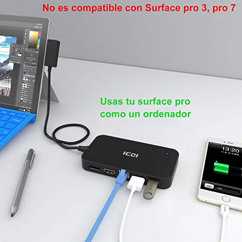 ICZI Surface Dock 7 en 1, Microsoft Surface Hub con DisplayPort HDMI RJ45 Ethernet 2 USB 3.0 Audio USB 2.0 para Surface 3 Surface 4 Surface Pro 4 Surface Pro 5 (NO Surface Pro 3, Pro 7)