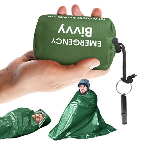 Idefair Saco de dormir de emergencia con silbato de supervivencia Impermeable Ligero Equipo de supervivencia Manta Bolsas para senderismo Caza Camping Mantener caliente