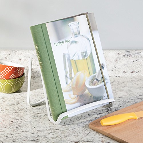 iDesign Atril para libros de cocina, pequeño soporte para platos, libros y fotos de metal, práctico mini caballete para sujetar libros de recetas, blanco