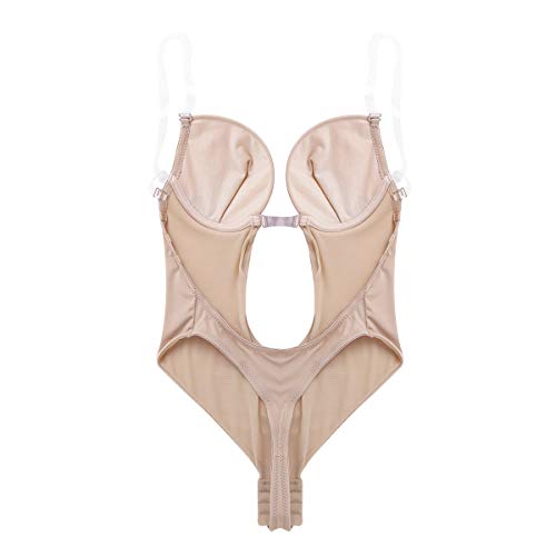 iiniim Body Básico Escote V Profundo para Mujer Bodysuit sin Espalda Sujetador con Aros Tirantes Transparentes Ajustables Ropa interior de Cuerpo Shaper Beige 38C,38D,40B,40D