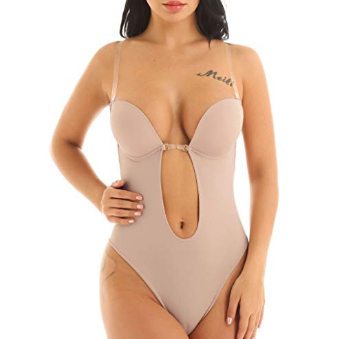 iiniim Body Básico Escote V Profundo para Mujer Bodysuit sin Espalda Sujetador con Aros Tirantes Transparentes Ajustables Ropa interior de Cuerpo Shaper Beige 38C,38D,40B,40D