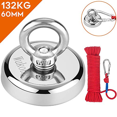 imán de neodimio con 20m de cuerda,Wukong N52 Súper Potente imán fuerza de atracción 132Kg,60mm de diámetro grosor de la 15mm para pesca con imán y salvamento en el río