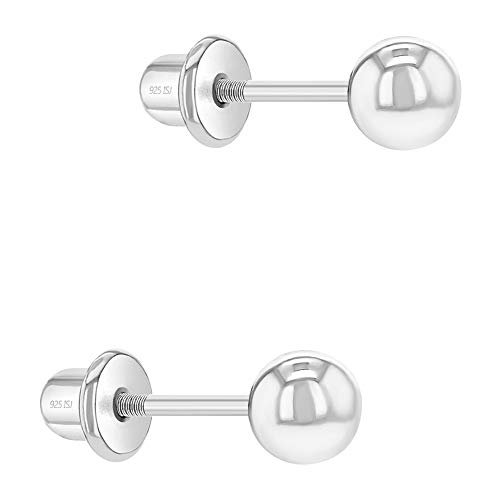 In Season Jewelry - 925 Plata de Ley Clásicos Aretes Pequeños de Bola con Cierre de Rosca para Niñas