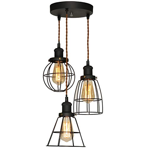Industrial Retro Lámpara colgante Luz, Vintage Lámpara de techo Comedor TANGSHI Iluminación colgante E27 Enchufe, 3 Negro Metal cage