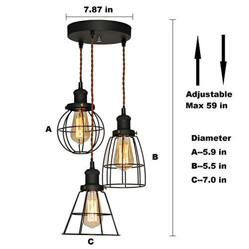 Industrial Retro Lámpara colgante Luz, Vintage Lámpara de techo Comedor TANGSHI Iluminación colgante E27 Enchufe, 3 Negro Metal cage