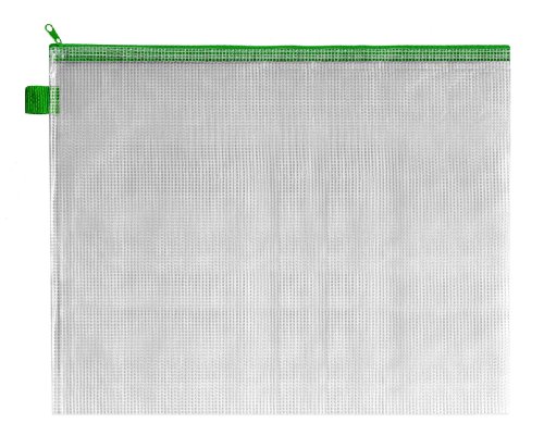 INDX ZPGRN - Funda portadocumentos (de malla de PVC reforzada, cierre de cremallera color verde, 405 x 15 x 315 mm, B4, 5 unidades), transparente