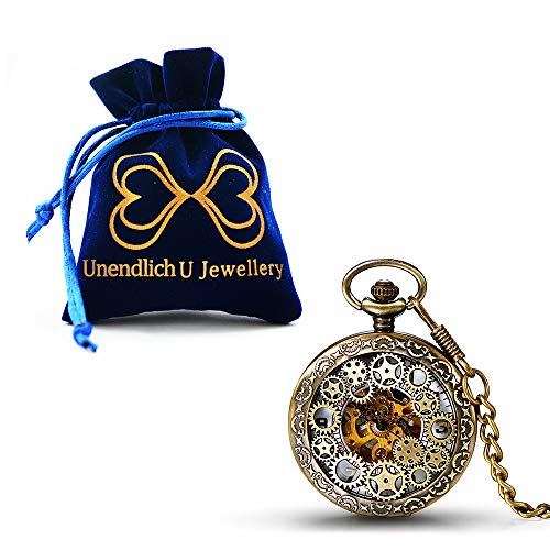 Infinito U- Retro Reloj de Bolsillo para Hombres y Mujeres Lupa Engranaje Especial Punky Hueco Mecánico Deportivo Reloj de Bolsillo con Cadena