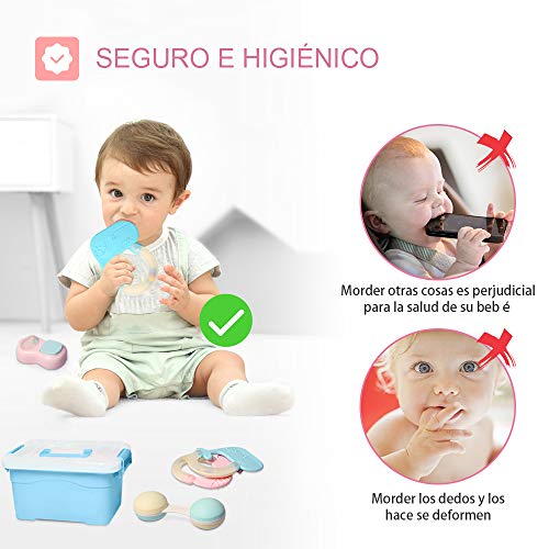 INPHER Mordedor para Bebé, 16 Piezas Sonajeros Bebe Mordedores de Dentición de Niños, Sin BPA, con Chupete Fruta y Cepillo Dientes Bebe Silicona Con Caja，Puede Esterilizarse en Agua a 120 ° C