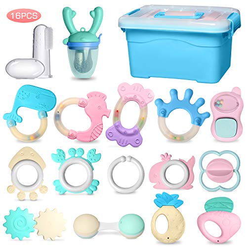 INPHER Mordedor para Bebé, 16 Piezas Sonajeros Bebe Mordedores de Dentición de Niños, Sin BPA, con Chupete Fruta y Cepillo Dientes Bebe Silicona Con Caja，Puede Esterilizarse en Agua a 120 ° C