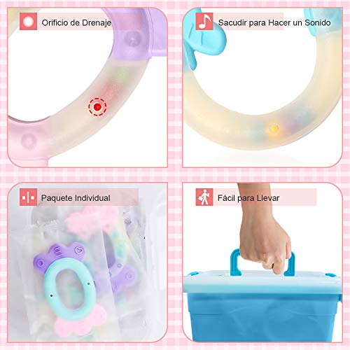 INPHER Mordedor para Bebé, 16 Piezas Sonajeros Bebe Mordedores de Dentición de Niños, Sin BPA, con Chupete Fruta y Cepillo Dientes Bebe Silicona Con Caja，Puede Esterilizarse en Agua a 120 ° C