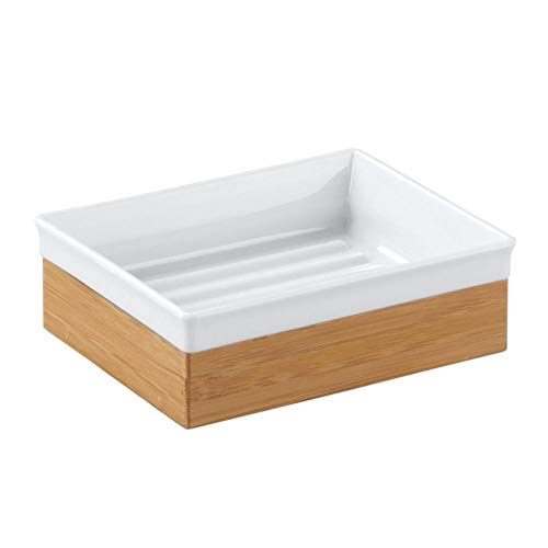 InterDesign Formbu Jabonera inoxidable | Jabonera en un look natural | Accesorios para baños en madera | bambú/plástico blanco