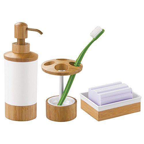 InterDesign Formbu Jabonera inoxidable | Jabonera en un look natural | Accesorios para baños en madera | bambú/plástico blanco