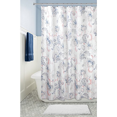 InterDesign Shelby Cortina de baño | Cortina de Ducha de 183,0 cm x 183,0 cm | Cortina para bañera con Estampado Floral y 12 Agujeros | Poliéster Azul Marino/Gris/Coral