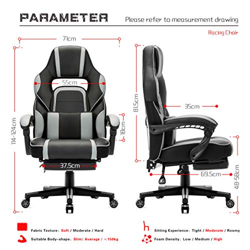 IntimaTe WM Heart Silla Gaming Silla Ergonómica para Gamers Oficina Silla con Reposapiés Plegable, Cojín Lumbar Comfortable para Trabajo y Siesta, Carga Máxima 150kg (Gris)