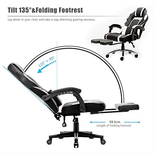 IntimaTe WM Heart Silla Gaming Silla Ergonómica para Gamers Oficina Silla con Reposapiés Plegable, Cojín Lumbar Comfortable para Trabajo y Siesta, Carga Máxima 150kg (Gris)