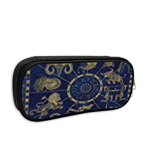 IOPLK Estuche para lápices de moda escolar, collage azul y dorado, símbolos del zodiaco en la línea del mapa, signos del horóscopo, bolso para bolígrafo de astrología mística vintage, bolsa de papeler