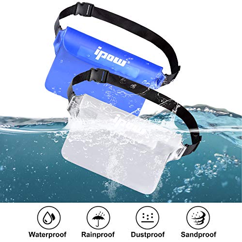 IPOW [2 PCS] Riñonera Impermeable acuatica para iPhone, móvil, cámara, iPad, Dinero, Archivos a Prueba de Agua (Blanco y Azul)