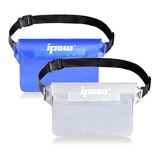 IPOW [2 PCS] Riñonera Impermeable acuatica para iPhone, móvil, cámara, iPad, Dinero, Archivos a Prueba de Agua (Blanco y Azul)
