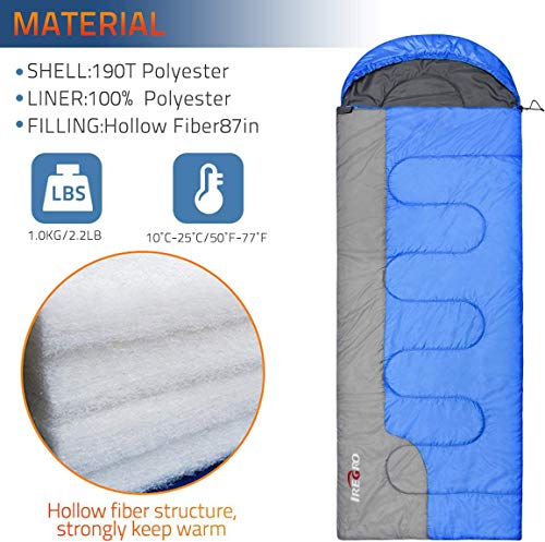 IREGRO Saco de Dormir, Cálido e Impermeable, Verano, Primavera, Otoño, Uso en Interiores o Acampar al Aire Libre, Senderismo, Viajes