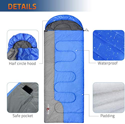 IREGRO Saco de Dormir, Cálido e Impermeable, Verano, Primavera, Otoño, Uso en Interiores o Acampar al Aire Libre, Senderismo, Viajes