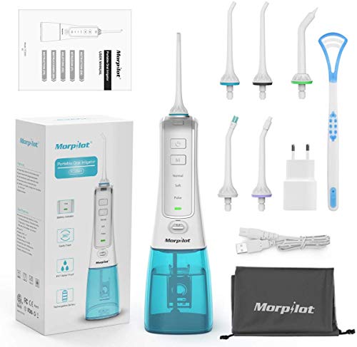 Irrigador Bucal Portátil 300ml, morpilot Irrigador Higiene Dental Profesional con 6 Boquillas, 3 Modos, IPX7 Impermeable, USB Recargable la FDA perfecto para Viaje & Higiene Dental Regalo Familiar