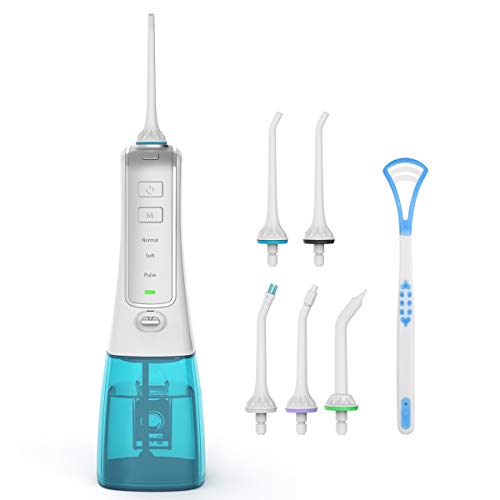 Irrigador Bucal Portátil 300ml, morpilot Irrigador Higiene Dental Profesional con 6 Boquillas, 3 Modos, IPX7 Impermeable, USB Recargable la FDA perfecto para Viaje & Higiene Dental Regalo Familiar
