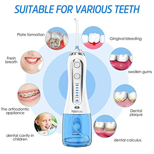 Irrigador Bucal Recargable Irrigador Dental Portátil con 6 Boquillas y 5 Modos de Limpieza, Limpieza de Dientes de Ortodoncia y Dientes de Implante, Lavado Pulsado de Dientes