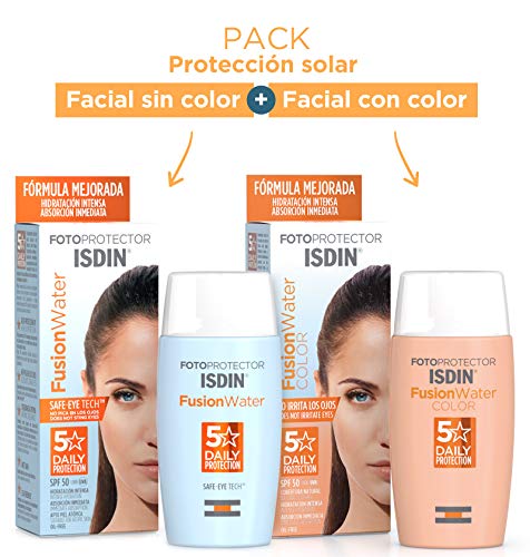 ISDIN Fusion Water Fotoprotector Facial SPF 50, de Fase Acuosa para Uso Diario, Textura Ultra Ligera + ISDIN Fotoprotector Fusion Water COLOR SPF 50, cobertura natural 50 ml
