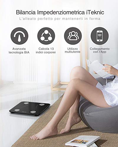 iTeknic Báscula Grasa Corporal Báscula de Baño, Báscula digital Inteligente Bluetooth báscula de masa Magra y grasa, mide 13 datos, grasa corporal, grasa visceral, masa muscular, BMI