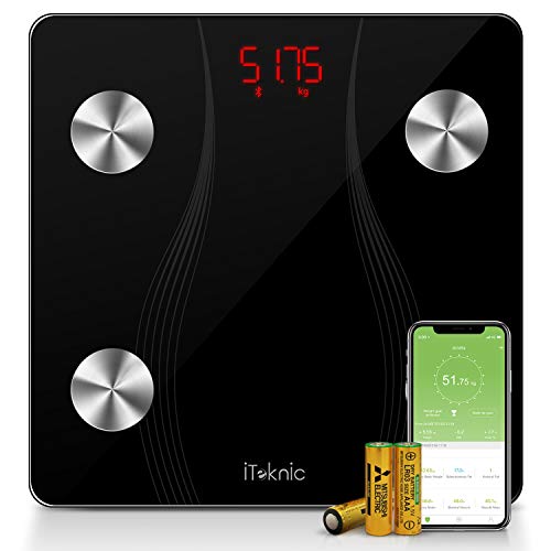 iTeknic Báscula Grasa Corporal Báscula de Baño, Báscula digital Inteligente Bluetooth báscula de masa Magra y grasa, mide 13 datos, grasa corporal, grasa visceral, masa muscular, BMI