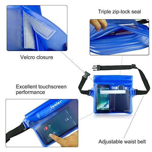 ivoler [2 Unidades] Riñonera Impermeable Universal con Correa de Cintura, Bolsa Estanca para Playa, Floating, Rafting, Kayak, Senderismo, Pesca, Escalada, Camping, etc. (Azul+Rosa)