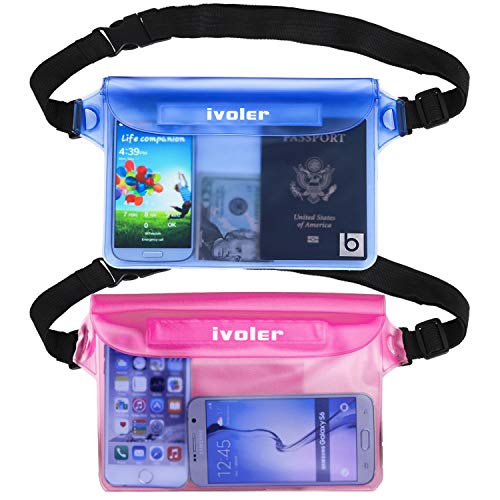 ivoler [2 Unidades] Riñonera Impermeable Universal con Correa de Cintura, Bolsa Estanca para Playa, Floating, Rafting, Kayak, Senderismo, Pesca, Escalada, Camping, etc. (Azul+Rosa)