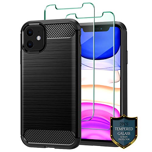 J Jecent Funda iPhone 11 + Protector de Pantalla iPhone 11 [2 Piezas], Carcasa [Textura Fibra de Carbono] Silicona TPU Case de Protección [Antideslizante] [Anti-Golpes] Cover para iPhone 11 - Negro