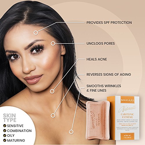 Jabón Aclarador de Piel Carotonic Extreme de 7oz de la Línea Naturalle de Makari– Jabón Exfoliante y Tonificante con Aceite de Zanahoria y FPS 15 – Blanqueador y Anti-edad para Manchas Oscuras
