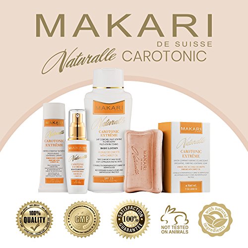 Jabón Aclarador de Piel Carotonic Extreme de 7oz de la Línea Naturalle de Makari– Jabón Exfoliante y Tonificante con Aceite de Zanahoria y FPS 15 – Blanqueador y Anti-edad para Manchas Oscuras