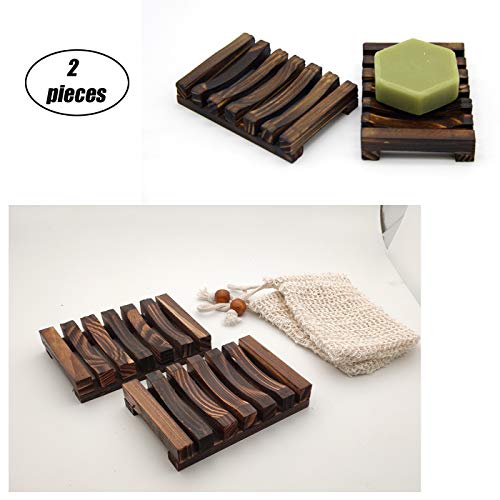 Jabonera de Madera con Ducha (2 Piezas),Caja de Jabón de Madera Natural,Plato de Jabón Hecho a Mano, 2X Fundas para jabón de sisal