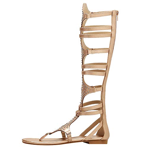 Jamron Mujer Rodilla Alta Gladiador Sandalias Romanas Remaches Tachonado Tiras Sandalias de Dedo Oro SN020342 EU38