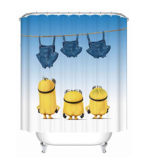 JANRON Minions Cortina de Ducha Impermeable, Lavable con Efecto Anti Adhesivo Hecha de 100% de Poliéster Incluye 12 Anillos de Cortina de baño - 150CM/180CM/200CMX200CM