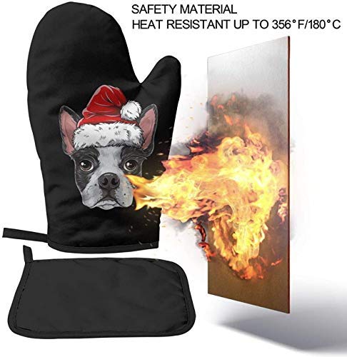 JDHFJ Boston Terrier Christmas Dog Manoplas para Horno de microondas y Porta ollas Juego de Cubiertas Aislamiento térmico Manta Alfombrilla Mitones Guantes Antideslizantes para Barbacoa