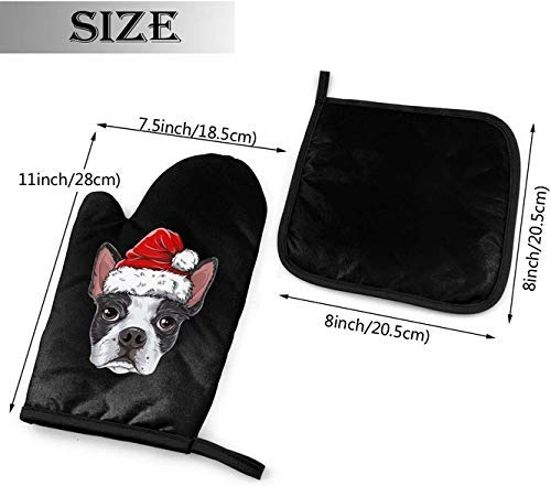 JDHFJ Boston Terrier Christmas Dog Manoplas para Horno de microondas y Porta ollas Juego de Cubiertas Aislamiento térmico Manta Alfombrilla Mitones Guantes Antideslizantes para Barbacoa