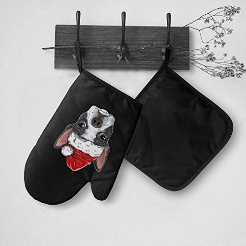 JDHFJ Boston Terrier Christmas Dog Manoplas para Horno de microondas y Porta ollas Juego de Cubiertas Aislamiento térmico Manta Alfombrilla Mitones Guantes Antideslizantes para Barbacoa