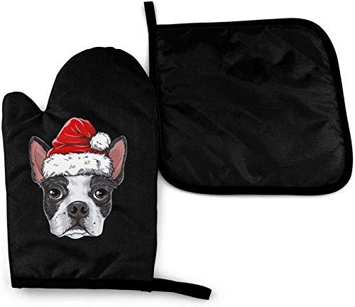 JDHFJ Boston Terrier Christmas Dog Manoplas para Horno de microondas y Porta ollas Juego de Cubiertas Aislamiento térmico Manta Alfombrilla Mitones Guantes Antideslizantes para Barbacoa