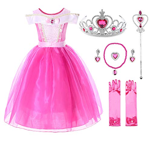 JerrisApparel Niña Princesa Aurora Disfraz Vestir Bella Durmiente Vestito (4 años, por la Tobillo con Accesorios)